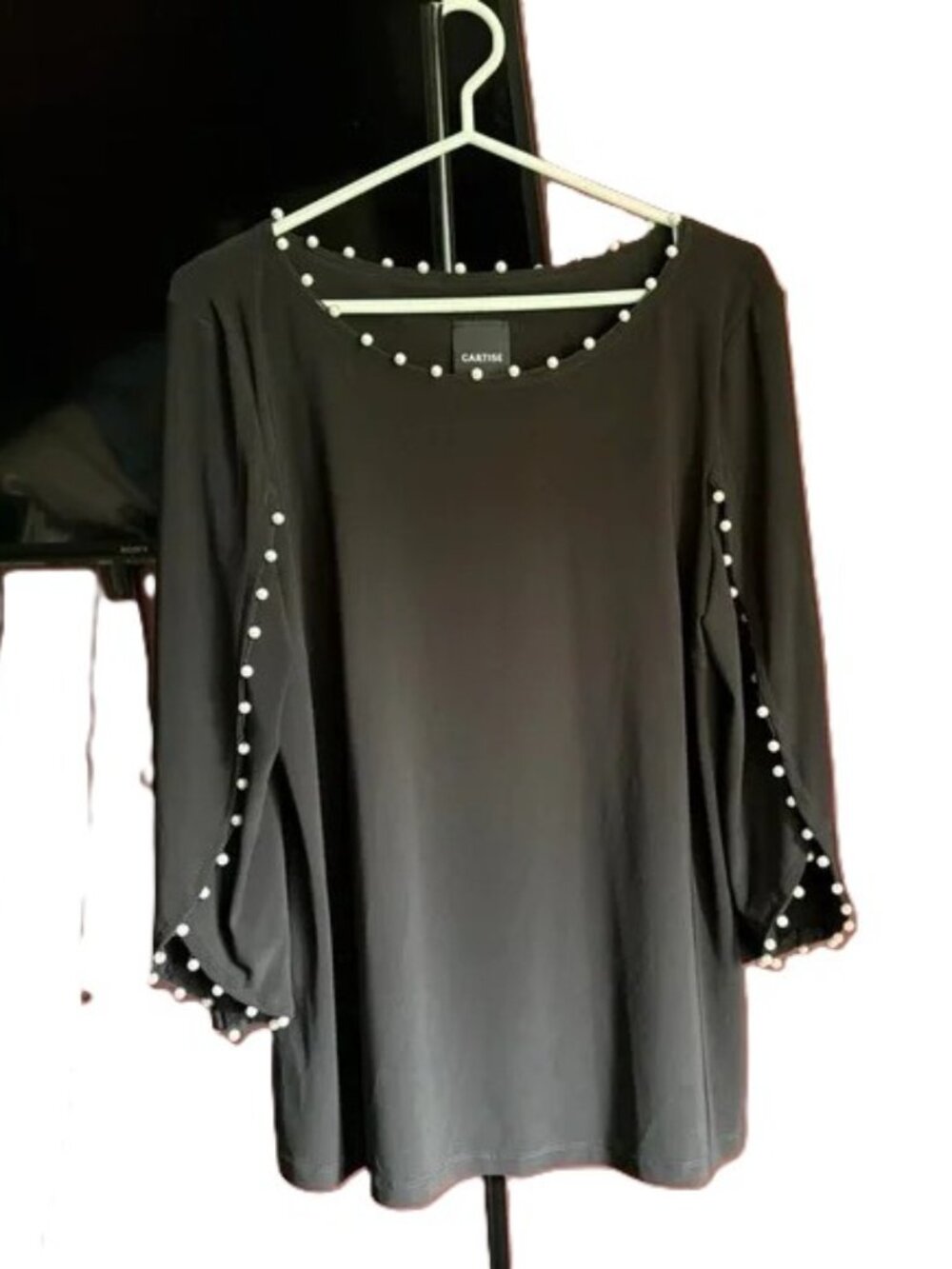 Cartise Stretchy Chic Black Blouse with Pearl Embellishments Size XL
